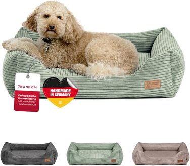 Ортопедичне ліжко для собак HS-Hundebett® Deluxe Cord M (70x90 см) – Зелене ліжко з memory foam для великих собак, миється, не слизьке, Made in Germany