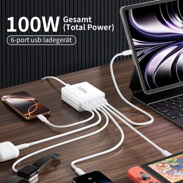 Мережевий зарядний пристрій HSSNS USB-C з 6 портами, 100W, для iPad, iPhone та смартфонів