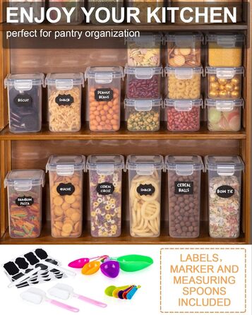 Набір контейнерів для зберігання продуктів 25 елементів (9x0.8L + 6x1.4L + 5x2L + 5x2.8L), герметичні, з кришкою, для кухні, органайзер, пластик, для спагеті, борошна, мюслі, кукурудзяних пластівців