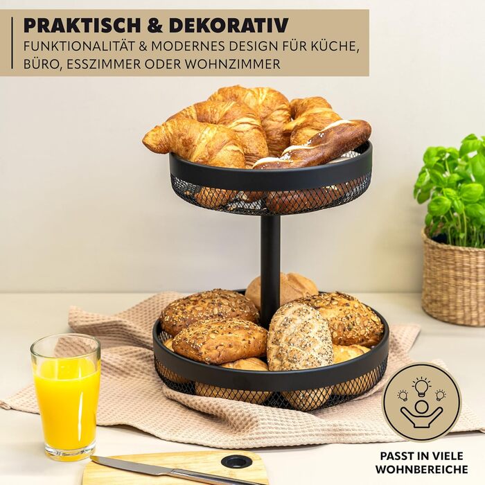 Двоярусна кругла фруктова тарілка Eluno / Корзина для хліба, металева, чорна | Для кухні та вітальні