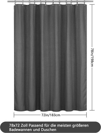 Шторка для душу Waffel з магнітами, текстиль, поліестер, 183x183 см (зелена). Водостійка шторка для ванни та душу з 12 кільцями.