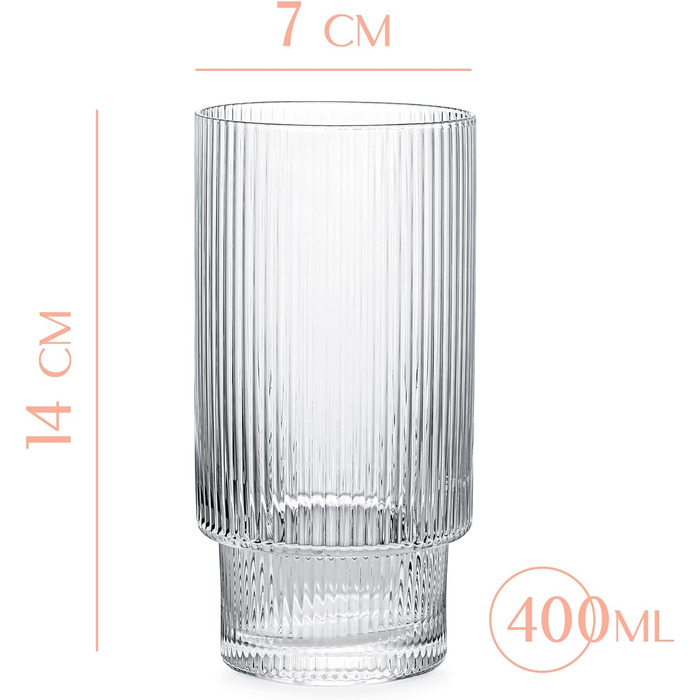 GLASSIQUE GIFT Vintage Art Deco Collins Gin Longdrink Ribbed Cocktail Glasses | 4-Piece Set | 400 ml Slim Tall Ribbed Highball Longdrink Glasses for Mojito Cocktails