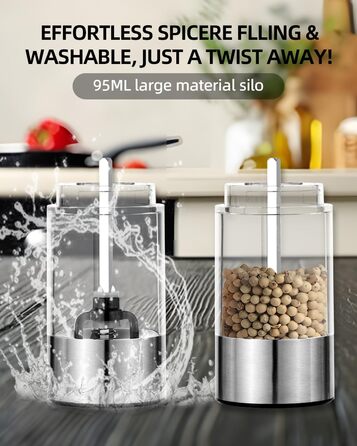 Електричний набір для солі та перцю з зарядною станцією, об'єм 110 мл, перезаряджувана солянка з 5 рівнями, керамічна млинка з щіткою (2 шт.)