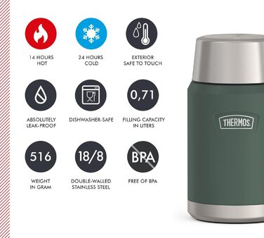 Термос ICON Food Jar 0,71 л, темно-сірий/графіт матовий, контейнер для їжі з подвійних стінок з нержавіючої сталі 18/8, зберігає тепло та холод, з відкидним ложкою, неслизьке дно, абсолютно герметичний