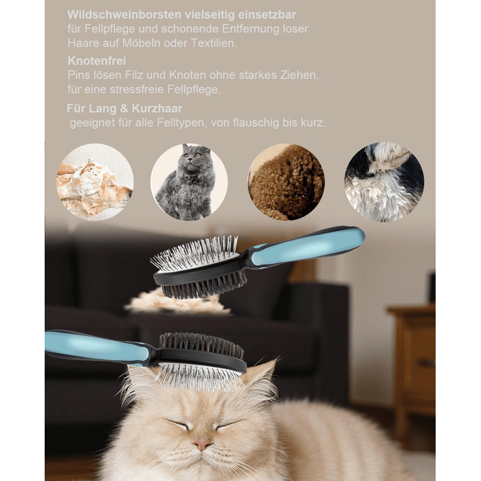 Двостороння щітка для собак та котів - розпушувач для довгої та короткої шерсті, металеві щетинки та натуральна щетина, ергономічна ручка TPR, м'який та ефективний догляд за шерстю (Синьо-Чорний)