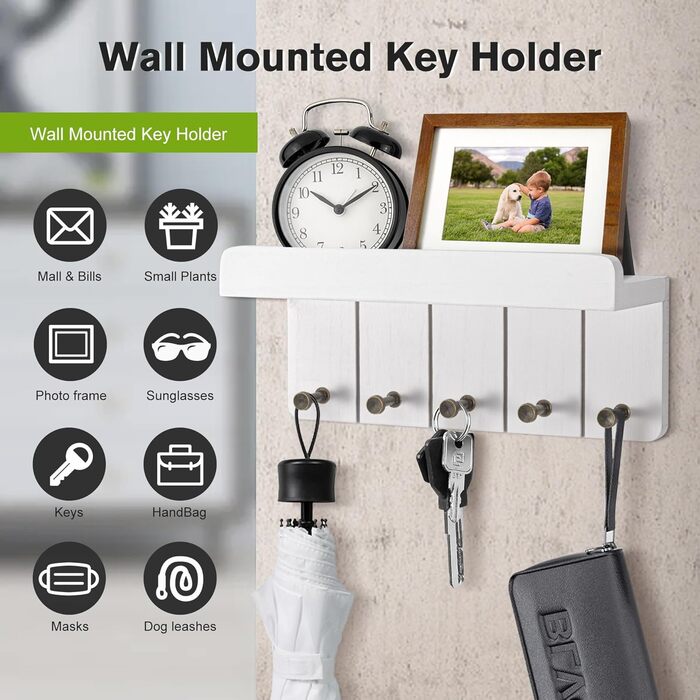 Дерев'яне ключниця з полицею, білий колір, 5 гачків, декоративна настінна полиця для прихожої, кухні, спальні