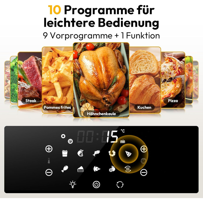 Фритюрниця повітряна 15л, мультифурна з конвекцією 1800W, 10 в 1, з нержавіючої сталі, чорно-срібна