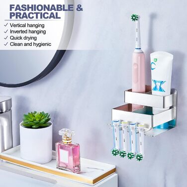 Electric toothbrush head holder, stainless steel, toothbrush holder, wall-mounted, screwless, toothbrush head holder, self-adhesive toothpaste holder for bathroom