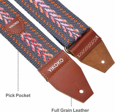 Гітарний ремінь 5,1 см з бавовни, з шкіряними кінцями для бас-, електро- та акустичних гітар (Сірий)