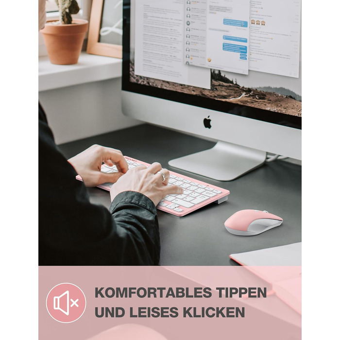 TECKNET Бездротова Клавіатура та Миша, QWERTZ, 2.4 GHz, 15м, Безшумна, для ПК, Ноутбука, Smart TV, Біла (Рожева)