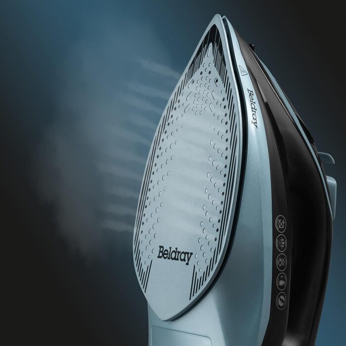 Праска Beldray 2600 Вт – керамічна підошва з антипригарним покриттям, регулювання температури та пари, самоочищення, резервуар 280 мл, до 140 г/хв, висока потужність (EU-штепсель, блакитний)