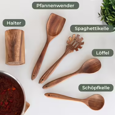 WALDWERK Kitchen Helper Set made of Teak Wood - 4-Piece Cooking Spoon Set with Spatula, Wooden Spoon, Pasta Server, and Holder - Wooden Cooking Spoon - Wooden Spatula - Cooking Utensil Set