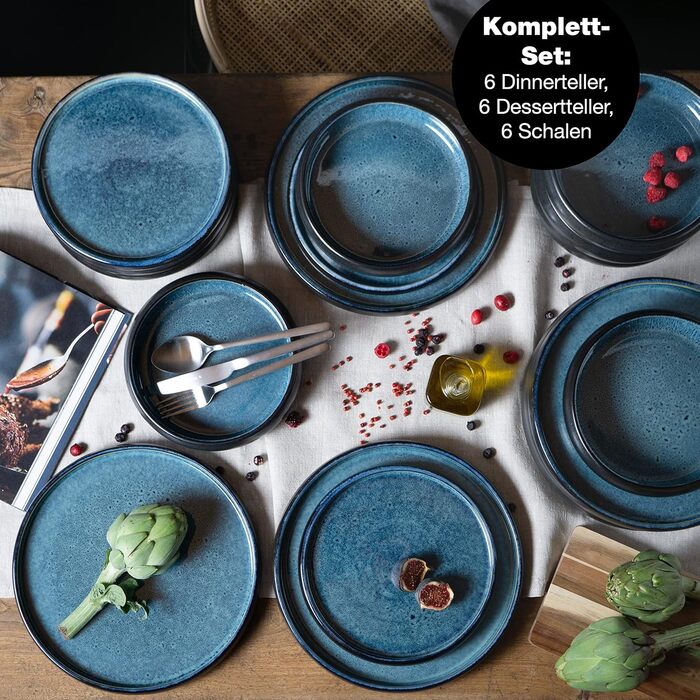 Набір посуду Moritz & Moritz SOLID 18 предметів з порцеляни для 6 осіб - 6 тарілок для вечері, 6 невеликих тарілок, 6 глибоких тарілок, блакитний набір посуду