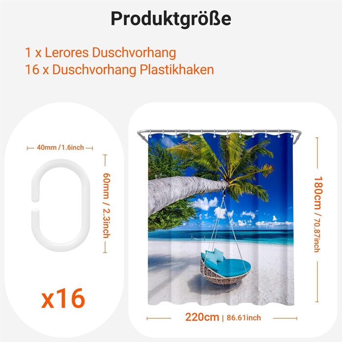 Штора для ванної кімнати 180x200 см, антигрибкова, водовідштовхувальна, з поліестеру, з кільцями (220x180 см)