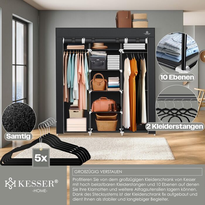 KESSER® Wardrobe Fabric Wardrobe Stable with Clothes Rail & Shelves, Incl. 5x Clothes Hangers, Fabric Folding Wardrobe for Bedroom, Dressing Room Closet with Clothes Rack 150x45x175cm Black