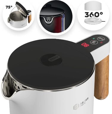 BALTER Stainless Steel Kettle with Temperature Setting, 45°C-100°C, Double-Walled, BPA-Free, Quiet & Cordless, Keep-Warm Function, Tea Kettle with Temperature Display, 1.5L, 2200W, Black (White)