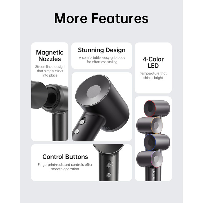 Фен Laifen з іонізацією 200 млн негативних іонів, 110 000 об/хв, для швидкого сушіння, безщітковий мотор, тихий, з магнітною насадкою (Swift, Чорний)