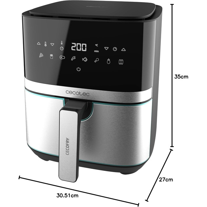 Аерофритюрниця Cecotec Cecofry Full Inox 5500 Pro, 5.5 л, 1700 Вт, цифрова безмасляна фритюрниця з корпусом із нержавіючої сталі та 8 режимами приготування