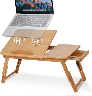 Бамбуковий портативний стіл-підставка для ноутбука з ящиком та вентиляційними отворами, регульований, багатофункціональний для ліжка та дивану
