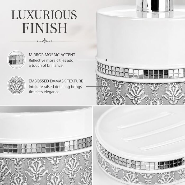 Набір аксесуарів для ванної кімнати Creative Scents Mirror Damask, 6 предметів (сірий та білий): дозатор мила, мильниця, стакан, тримач для зубних щіток, коробка для серветок, кошик для сміття