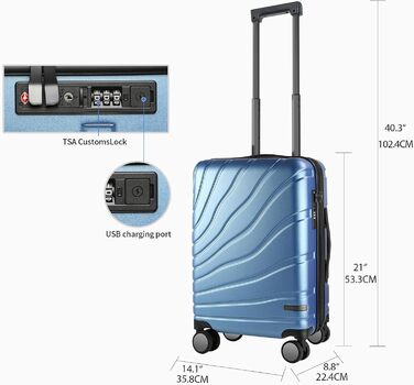Ванкеан: Валіза ручної поклажі з обертовими колесами та TSA-замком, розширювана, жорстка, 20 дюймів, блакитна