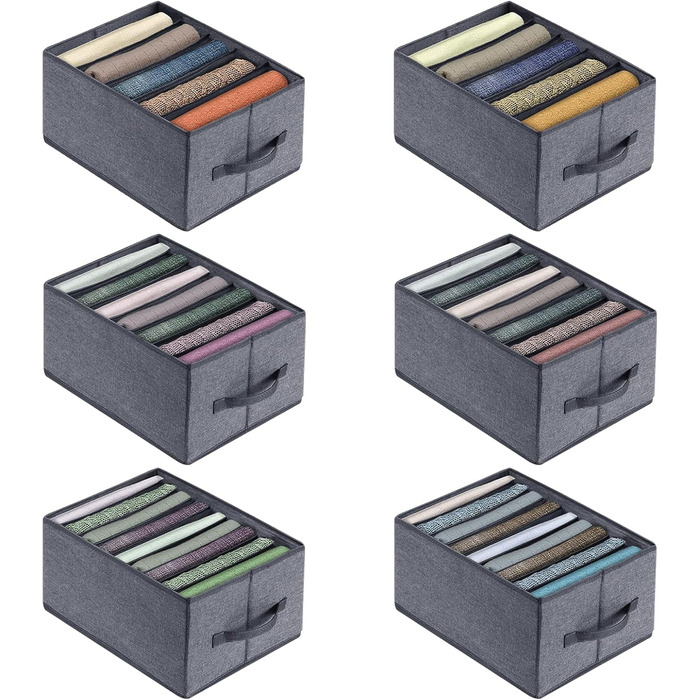 BIGLUFU 6-Piece Closet Organizer Fabric Folding Storage Boxes Set with 7 Compartments Drawer Organization System Storage for Clothes T-shirts Pants Underwear Jeans (5+7+9 Compartments)
