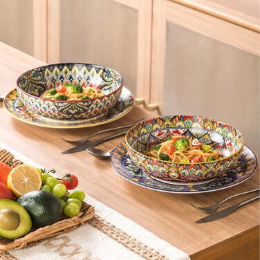 Набір тарілок Henten Home Mylo (2 шт.): супові та глибокі, 1500 мл. Тарілки для супу, пасти, салату в богемному стилі Boho, рожево-червоні відтінки