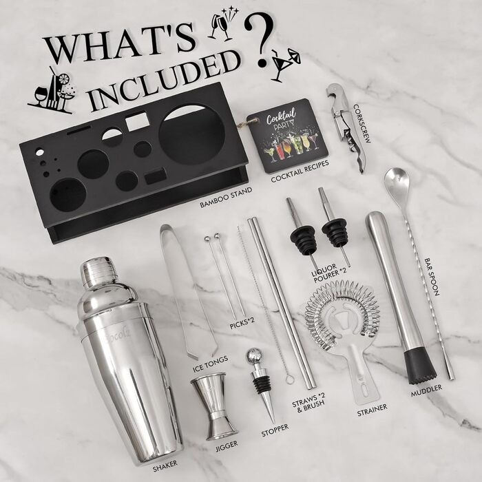 750ml Stainless Steel Cocktail Shaker Set with Bamboo Stand & Recipe Book - 17 Piece Bar Set for Bartenders, Gifts for Women (Black Silver)