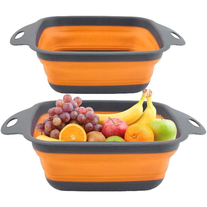 Ситечко для кухні складне, сито для зливання з нержавіючої сталі та силікону, 2 розміри (24.5+29.2 см), помаранчеве