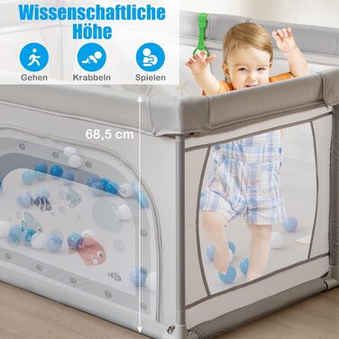 COSTWAY 205 x 147cm Playpen Baby foldable, Play Yard with 50 Balls, 2 Doors, Side Pocket, Breathable Mesh & Zipper, Playpen Tent for Infants & Toddlers (Gray-Fish) Gray-Fish Without Mattress