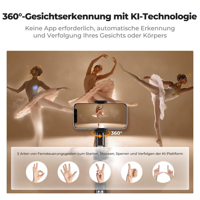 Штатив K&F Concept Smart Series з кільцевою світлодіодною лампою, 1.8 м, алюмінієвий, з функцією відстеження обличчя, сумісний з iPhone/Samsung/Android та DJI/Insta Sport Cameras