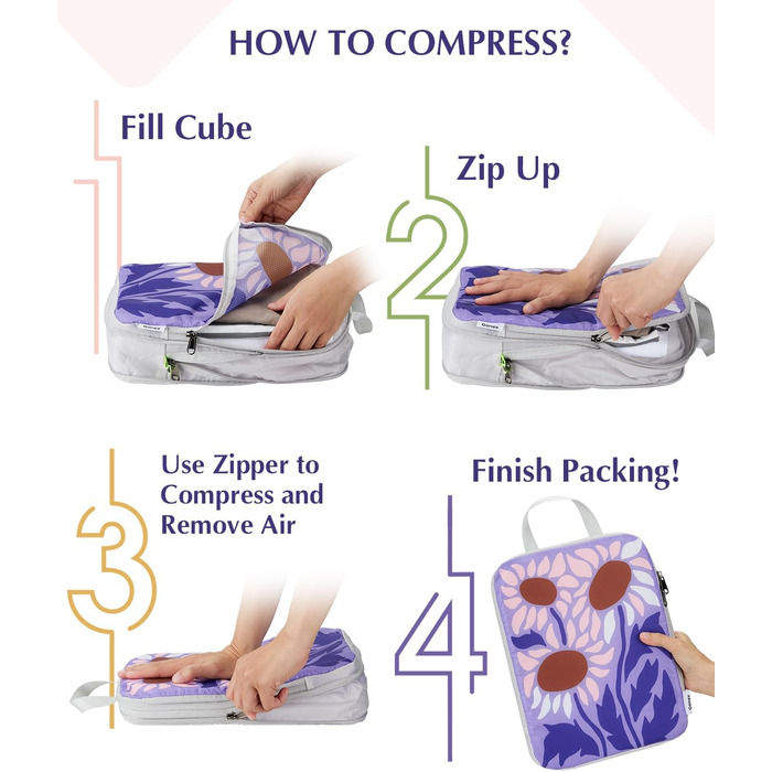 Органайзери для валізи Gonex (4 шт.) - набір кубиків для пакування, колір помаранчевий з квітковим принтом