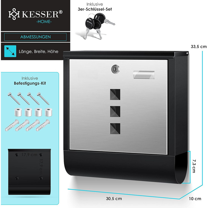 Поштова скринька KESSER® з газетницею та іменним шильдиком, нержавіюча сталь, матова, з оглядовим вікном, 3 ключі, порошкове покриття, настінний монтаж, велика, з матеріалом для монтажу (Чорний / Срібний)