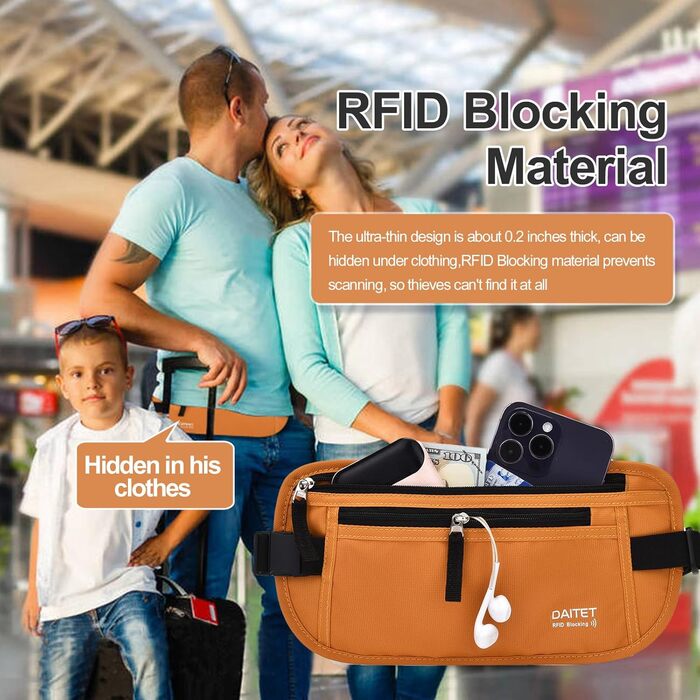 RFID-захисний чоловічий/жіночий пояс-сумка для грошей. Компактний, для подорожей та спорту. Ширина ремінця: 3.7 см (колір: коричневий/помаранчевий)