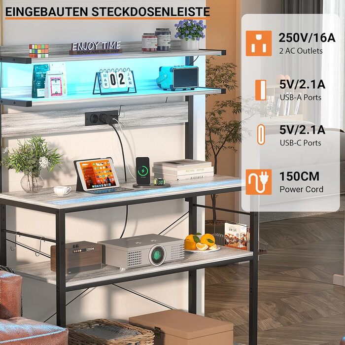 Кухонна полиця-стійка з розеткою, підставка для мікрохвильовки, 5-рівнева кавобар з LED-підсвічуванням, полиця для спецій, каструль та сковорідки (80см, Білий дуб)