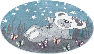 Дитячий килим Teddy-Bär, круглий 160 см, синій/сірий, короткий ворс, зі зірками та метеликами, м'який килимок для дитячої кімнати