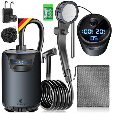 Сонярна душова кабіна KESSER® з насосом та акумулятором 8000mAh. Комплект для кемпінгу: регульована лійка, 2м шланг, пістолет-розпилювач, кріплення. Без бака. Чорний колір