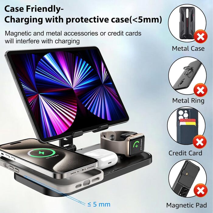 Бездротова зарядка 4-в-1 для Apple iPhone, Apple Watch, AirPods та iPad, з кабелями, чорний