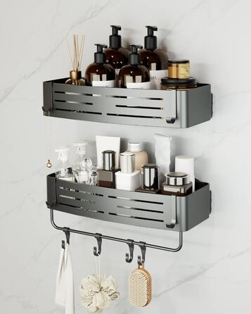 Двомісний кутовий поличний органайзер для душу без свердління, чорний, з кріпленням на присосках, з гачками для рушників та аксесуарів, для шампуню та гелю для душу