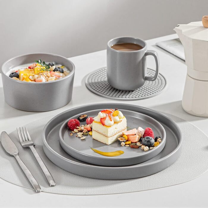 Набір посуду Vancasso SESAM Serie Steingut (16 предметів) для 4-12 осіб – тарілки, миски, чашки, скандинавський дизайн, темно-сірий, біло-сірий, блакитний, зелений