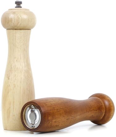 Дерев'яні соляні та перечні млини, 20 см, регульована ступінь помелу, ручні, з дуба, для кухні - набір 2 шт.
