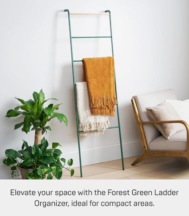 Yamazaki 2813 TOWER Leaning Clothes Rack, Steel/Wood, Minimalist, 45 x 24 x 160 cm (Green (Forest Green), Modern)