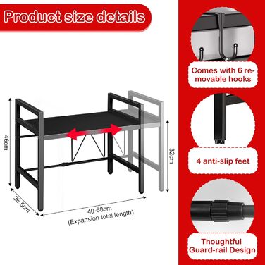 Регульована полиця для мікрохвильової печі UCAMP, розширювана, 2-рівнева, з вуглецевої сталі, для організації кухні, з підставкою для обрізної дошки та 6 гачками (чорна)