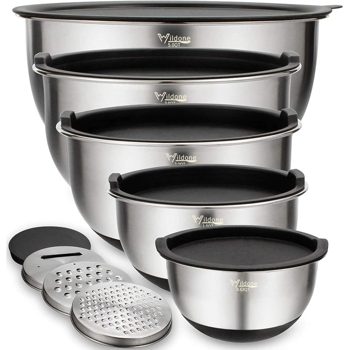 Mixing Bowls 5-Piece Set, Wildone Stainless Steel with Airtight Lids, 3 Grater Attachments, Measuring Markings, and Non-Slip Bottoms, Sizes 5, 3, 2, 1.5, 0.63 QT, ideal for mixing and serving