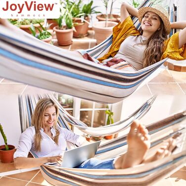 Гамак бразильський JoyView одинарний, 200x100 см, червоно-смугастий, з мотузками та сумкою для перенесення - для дому та відпочинку на природі