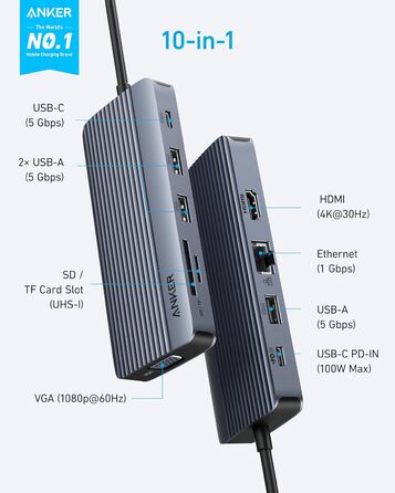 Хаб USB-C Anker з двома HDMI, 100W, 10Gbit/s, 10-в-1 для MacBook, Dell, iPad Pro