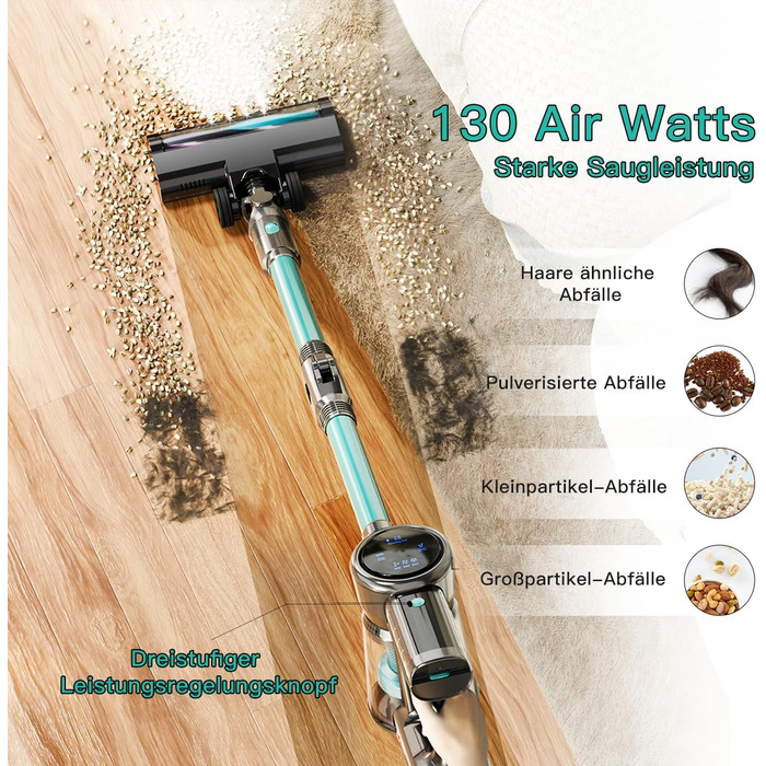 Бездротовий акумуляторний пилосос 28KPa з LED-дисплеєм, антизаплутана щітка, змінний акумулятор, вертикальний пилосос для твердих поверхонь, килимів та шерсті тварин (зелений)