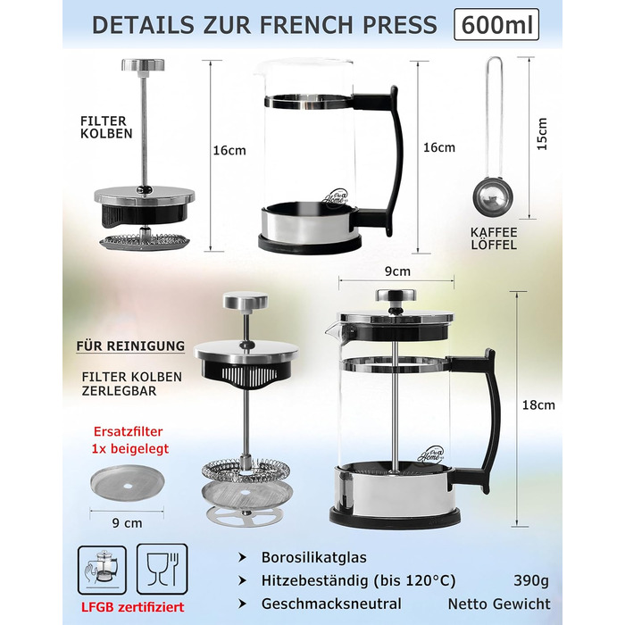 Френч-прес скляний 0,6 л з нержавіючої сталі - набір для приготування кави з запасним фільтром та ложкою - ручна кавомашина для кави та чаю