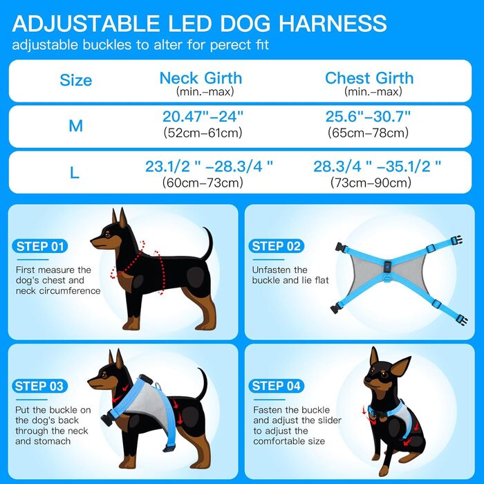Шлейка для собак Chakit ED зі світловідбиваючим матеріалом, світлодіодами, для собак з особливими потребами, безпечна для нічних прогулянок, синього кольору