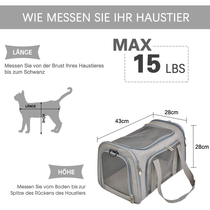 Транспортна сумка для кота та собаки, складана переноска для домашніх тварин середнього розміру (сіра) 43 x 28 x 28 см